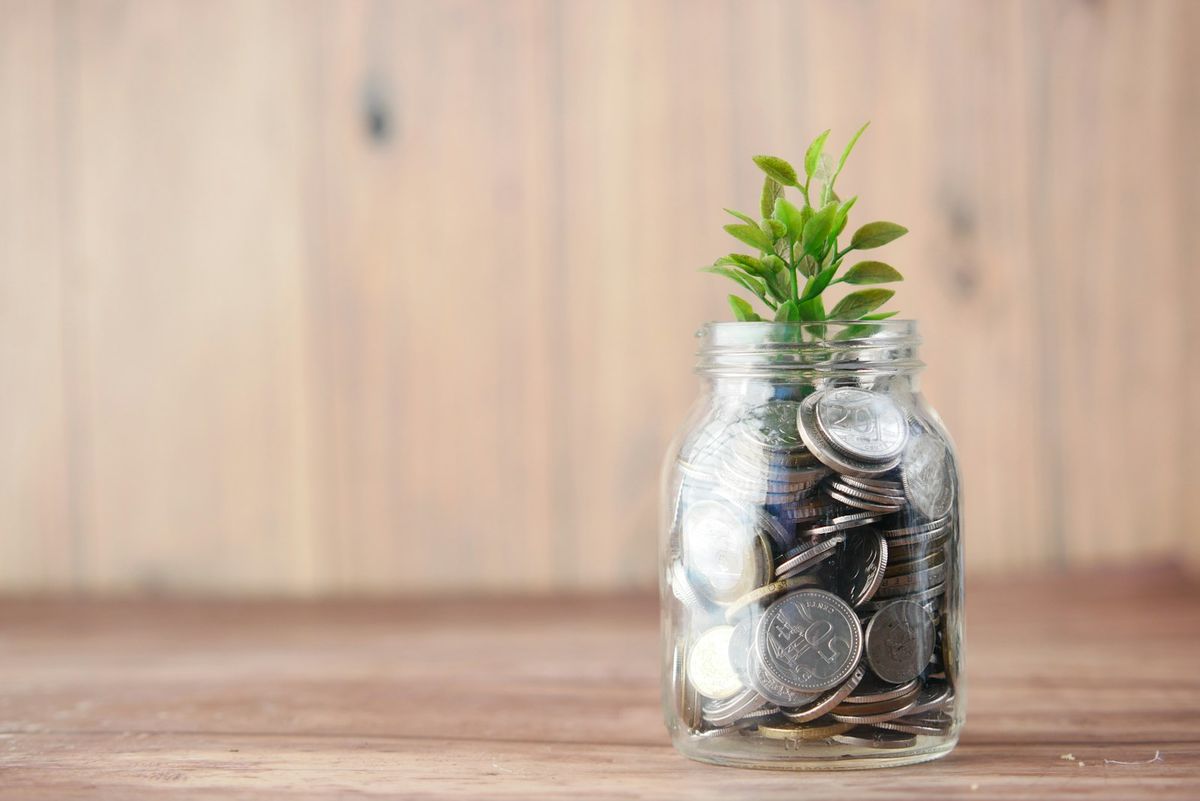 Glasskrukke fylt med mynter og en plante som illustrasjon paa sparing og kapitalinntekt