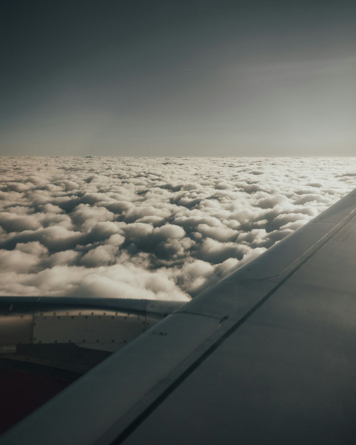 Flyvinge over hvite skyer pa vei til Europa
